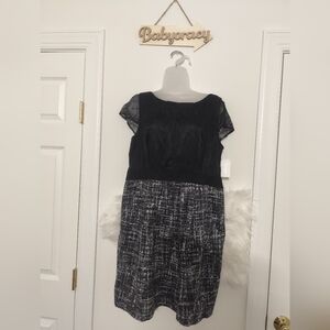 Jessica Simpson Short-Sleeve Lace Bodice Tweed Skirt Dress Black & White